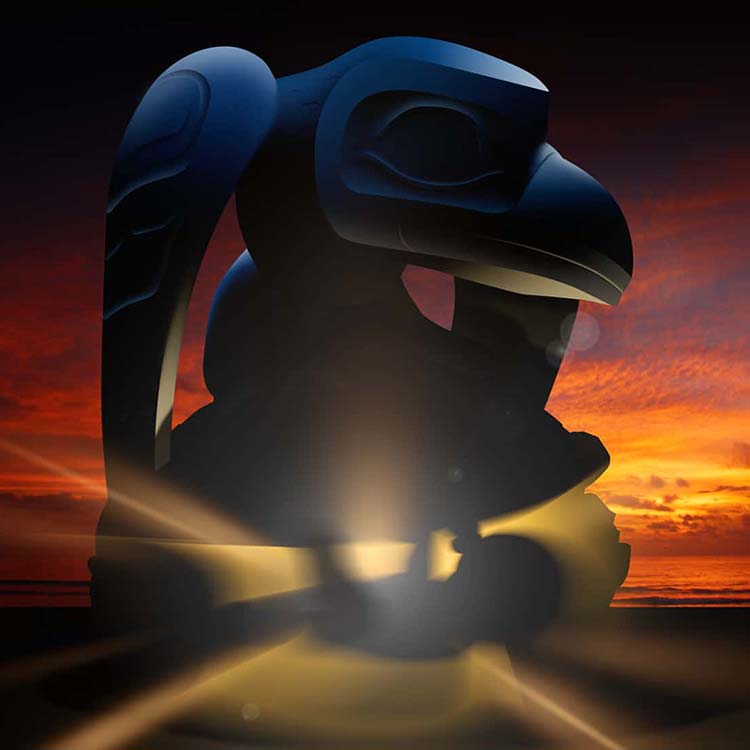 A digital rendering of Bill Reid's 'Raven and the First Men' sculpture, featuring a raven perched on a clamshell containing human figures. The sculpture is set against a dark background and shown on a beach at sunset, with rays of light shining from the clamshell.