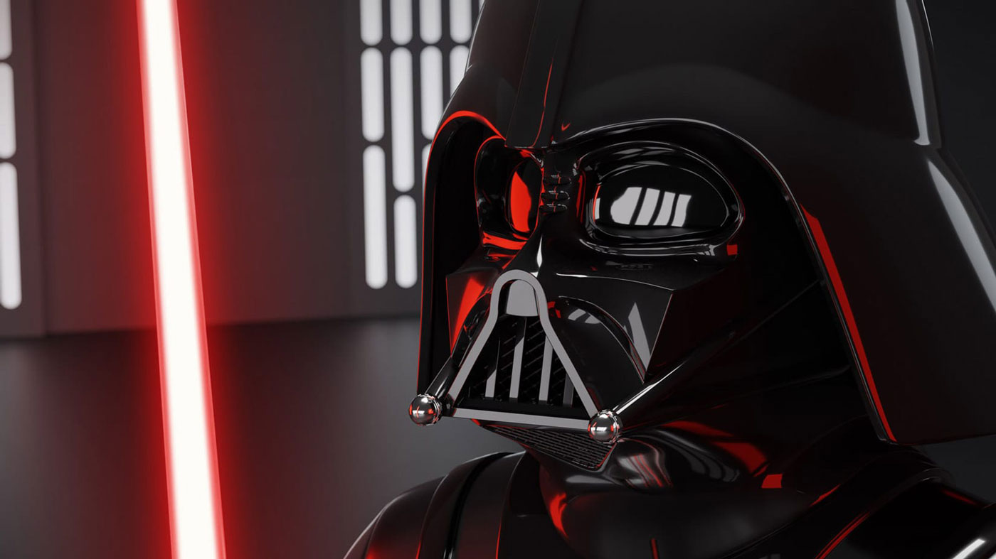 An image of a 3D render of Darth Vader's mask, depicting its distinctive black surface and various features, including the triangular eye sockets, breathing apparatus, and mouthpiece.