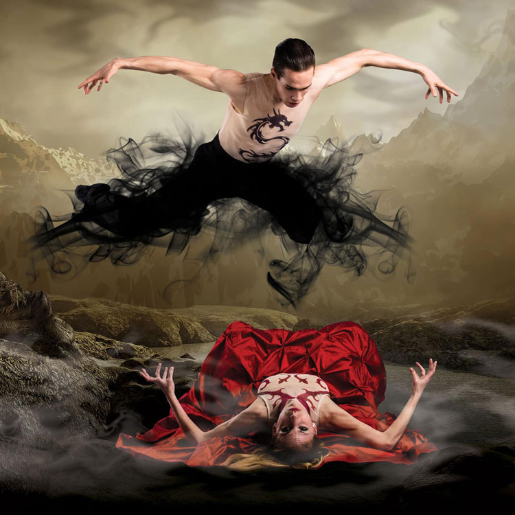 Image of a scene from Dracula, showing a vampire in the process of transformation into black smoke, hovering over a woman lying on the ground in a red dress. The surrounding mist adds to the eerie atmosphere of the image.