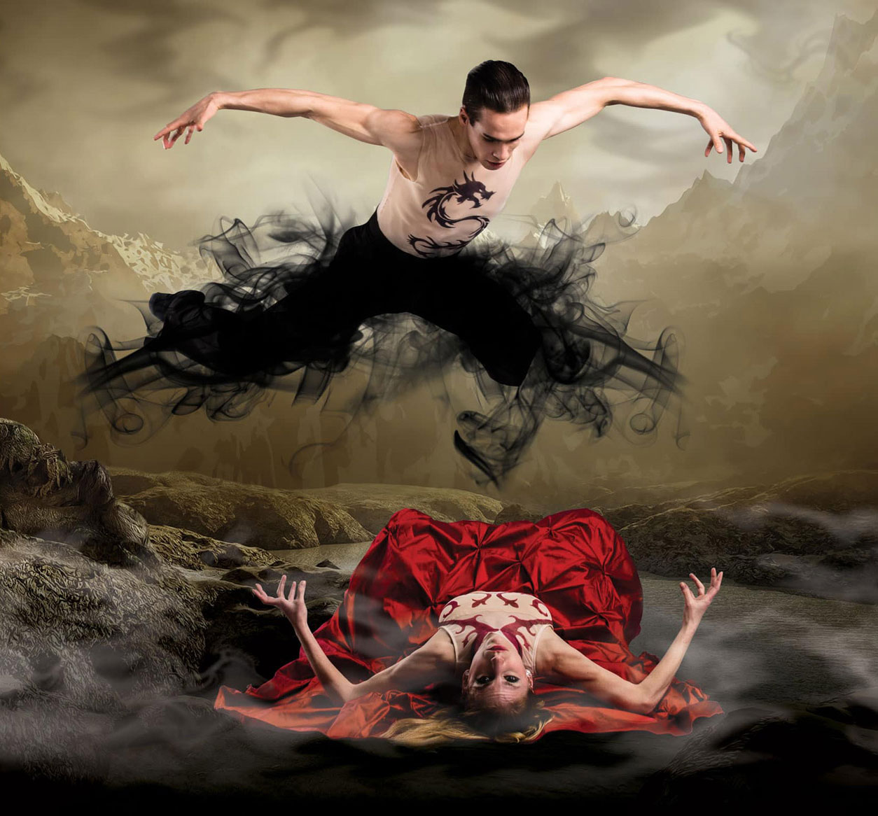 After image: Image of a scene from Dracula, showing a vampire in the process of transformation into black smoke, hovering over a woman lying on the ground in a red dress. The surrounding mist adds to the eerie atmosphere of the image.