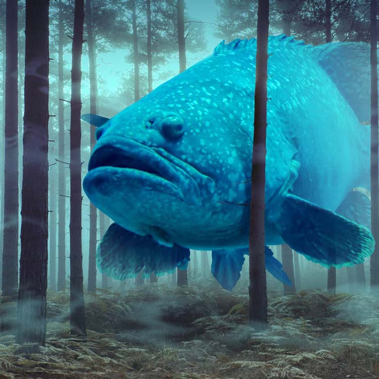 A photomontage depicting a Grouper fish against a forest background. The image highlights the stark contrast between the vibrant fish and its natural, terrestrial surroundings.