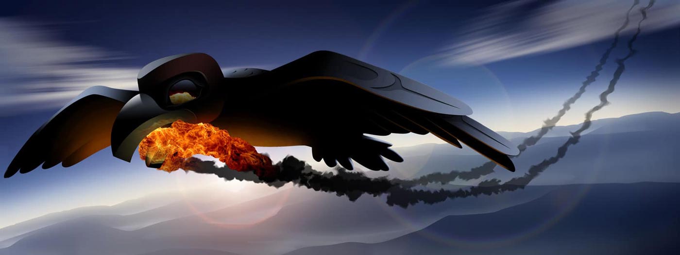 A majestic black raven soars through the clear blue sky above a range of rugged mountains. In its sharp beak, the raven carries a glowing fireball, which trails a plume of thick, smoky clouds behind it. The raven's wings are outstretched, its feathers sleek and glossy, and its piercing gaze is intently ahead. The overall effect is one of wild beauty and untamed power, evoking the vast and awe-inspiring landscapes of the Pacific Northwest.